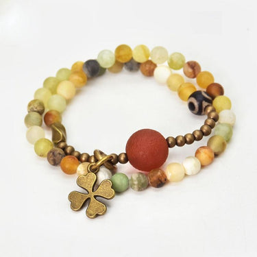 Yellow Jade & Tibetan Dzi Bead Lucky 4 Leaf Clover OPTIMISM Bracelet